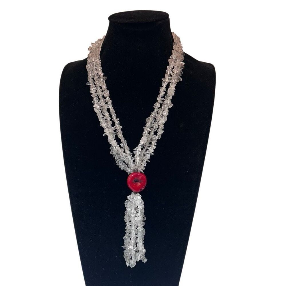 Gorgeous Rock Quartz Crystal Chips Necklace Women's Clear 3-Strand Coral Pendant